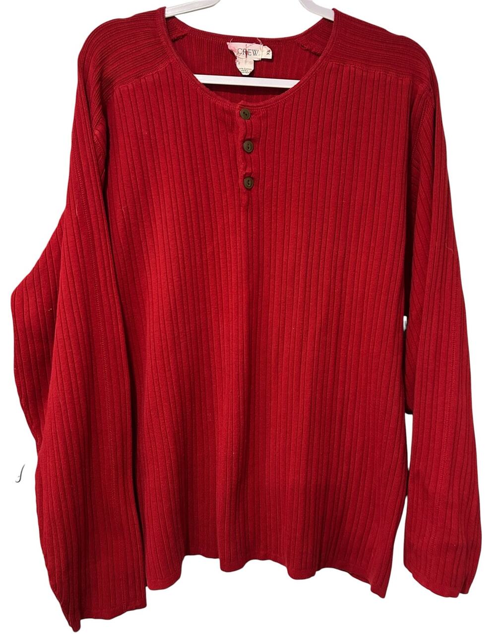 Vintage J Crew Red Ribbed Cotton Henley Sweater Pullover Hong Kong XL Retro